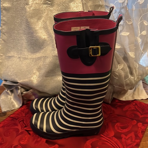 Joules Blue and pink Rubber Striped Rain Boots T-welleyprint wore a few time - Picture 2 of 6
